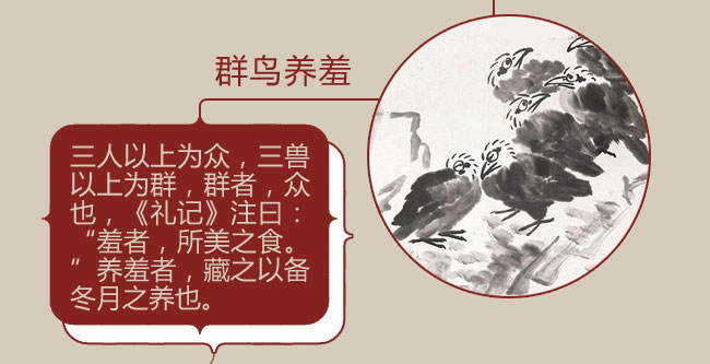 群鸟养羞：三人以上为众，三兽以上为群，群者，众也，《礼记》注曰：“羞者，所美之食。”养羞者，藏之以备冬月之养也。